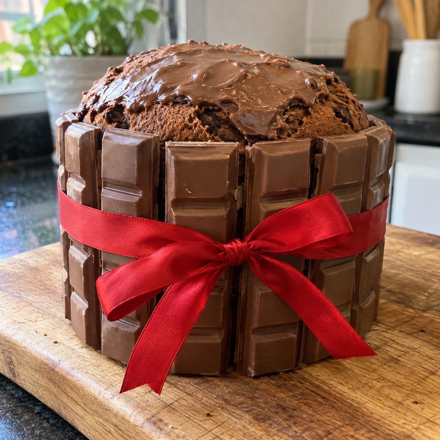 Panetone vestido de chocolate ao leite